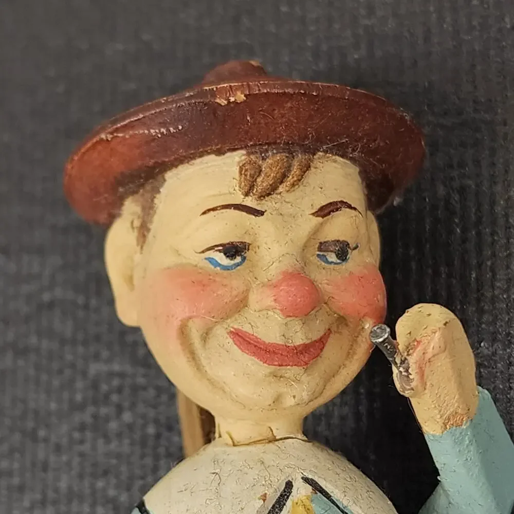 Hand Carved Mechanical Bottle Stopper Cork Drummer Blue Shirt & Brown Hat Anri?